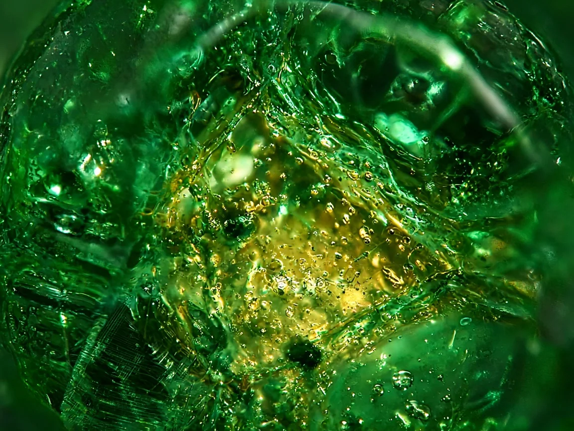 Vue gemmologique rapprochée du jardin intérieur et des inclusions naturelles d'une émeraude